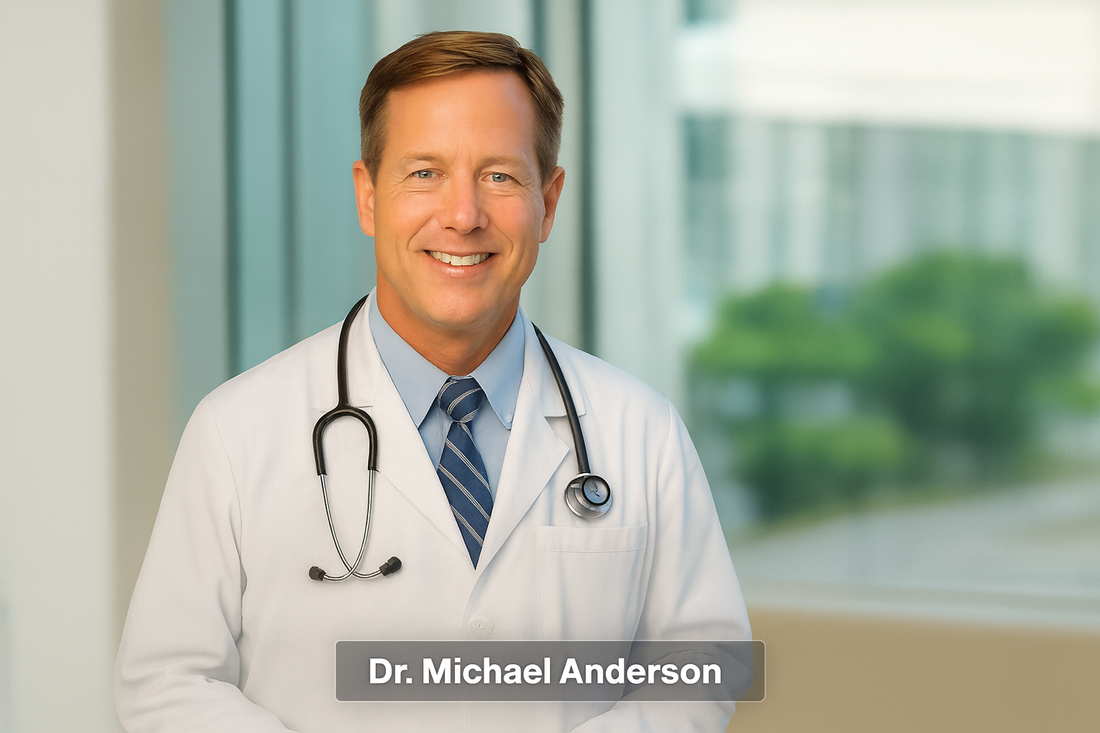 Dr. Michael Anderson, a smiling middle-aged physician in a white lab coat with a stethoscope, posed indoors against a blurred hospital backdrop.