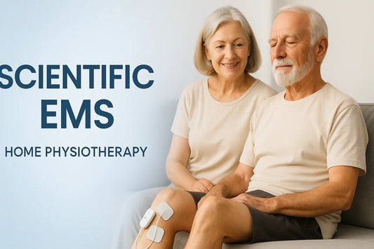 Smiling older couple sitting on a sofa; the man wears EMS electrode pads on his knee, illustrating home physiotherapy with gentle electrical stimulation.